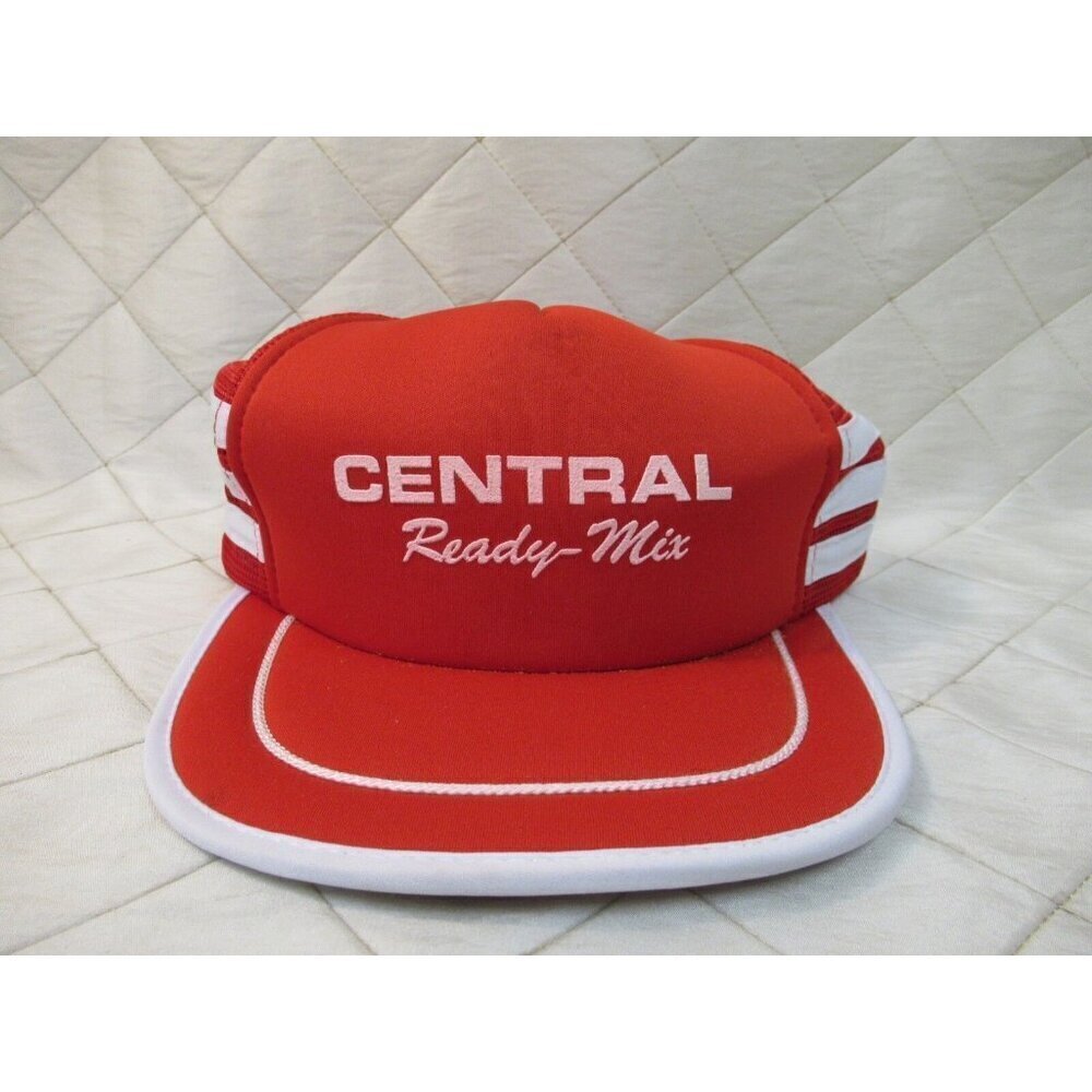 Central Ready Mix Trucker Hat 3 Stripe Snapback Red White Mesh Vtg Nylon 80s